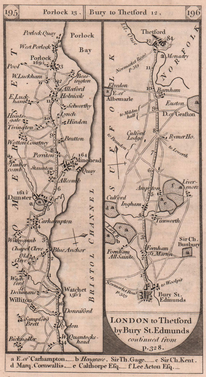 Dunster-Minehead. Bury St. Edmunds-Thetford road strip map PATERSON 1803